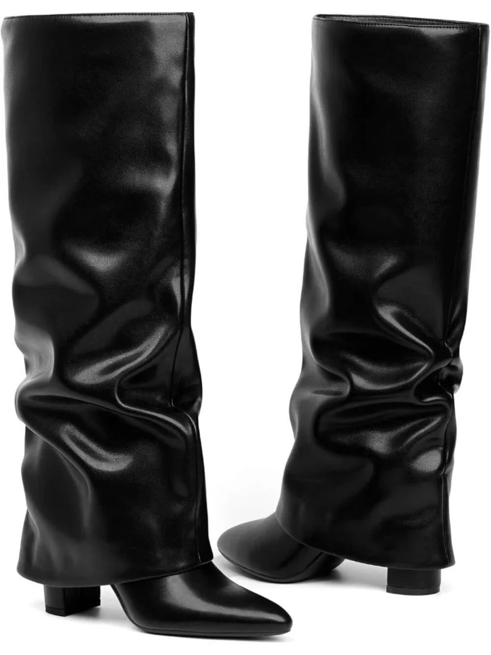 Women's Black Slouchy 1 Pointed Toe Chunky Heel Faux Leather Over The Knee Boots